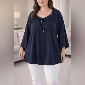 Michael Kors Women’s Navy Blue Flowy Blouse Tie Neck Chiffon Top Size 3X